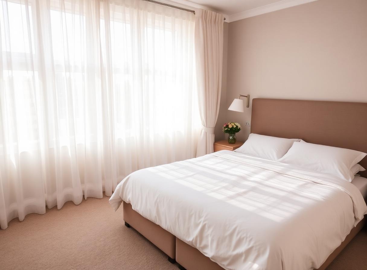 A tidy, freshly cleaned bedroom with crisp bedding and hoovered carpet