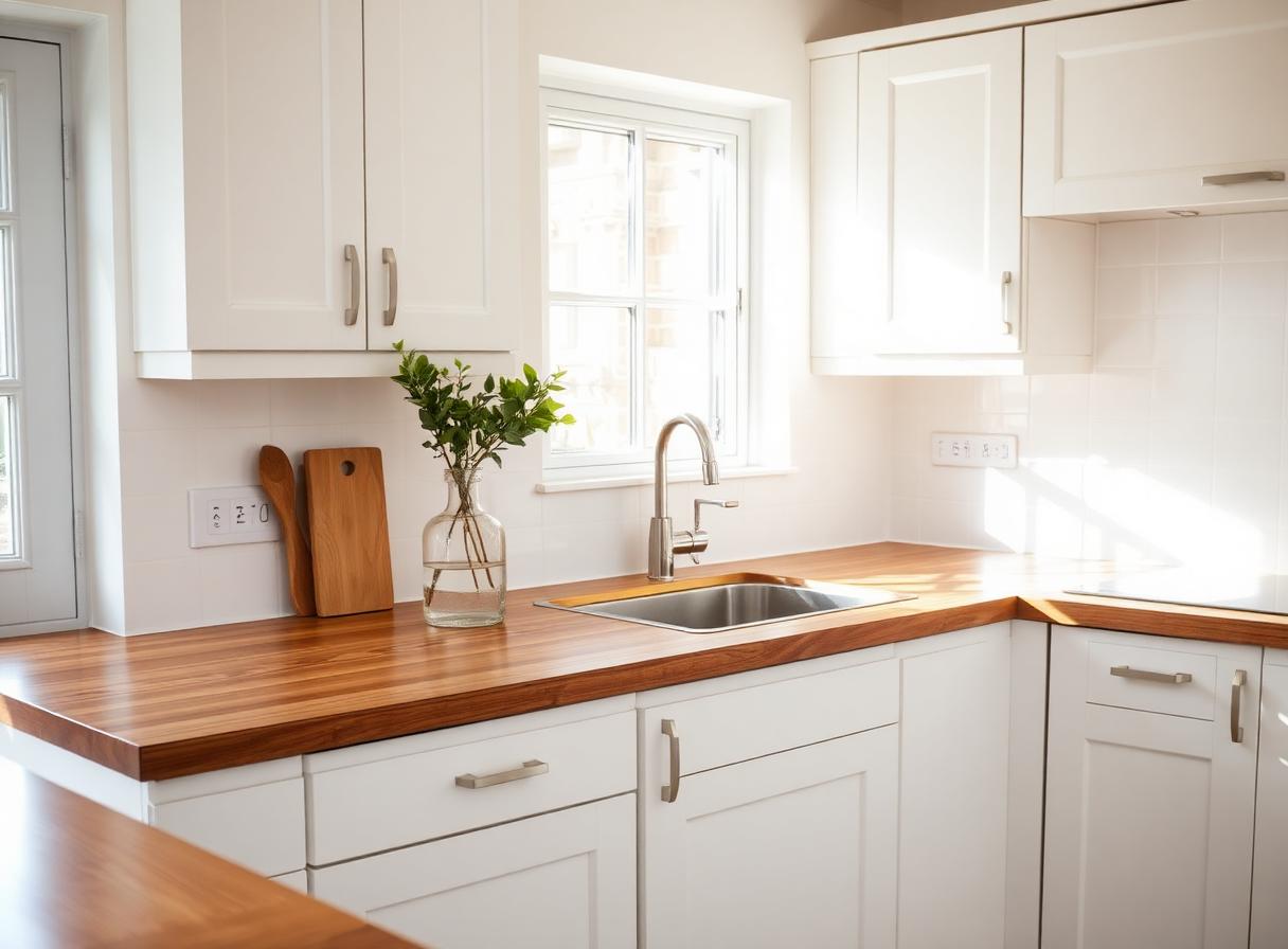 A spotless kitchen with gleaming wooden worktops after a Domestic Dazzle visit